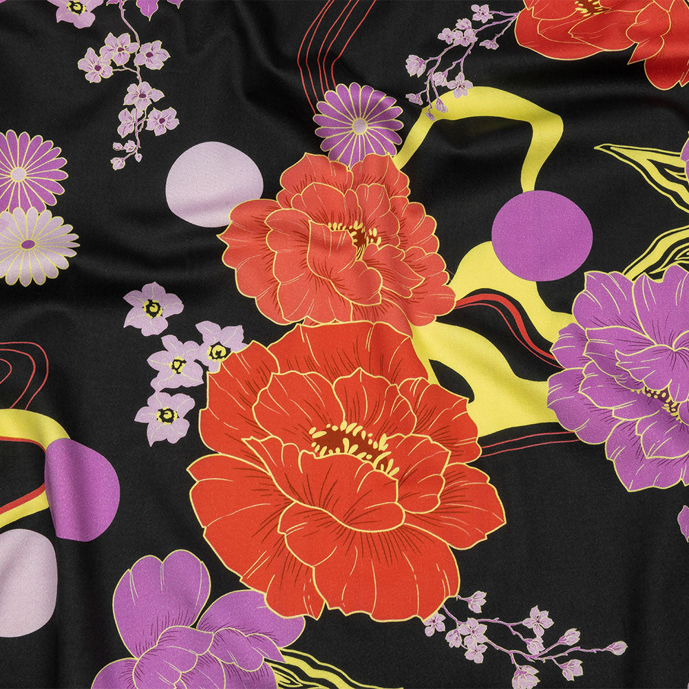 Stretch Cotton Sateen - Black, Red and Purple Floral - Japanese Daydreams Print - Mood Exclusive Groove Collection - Joann Fabrics