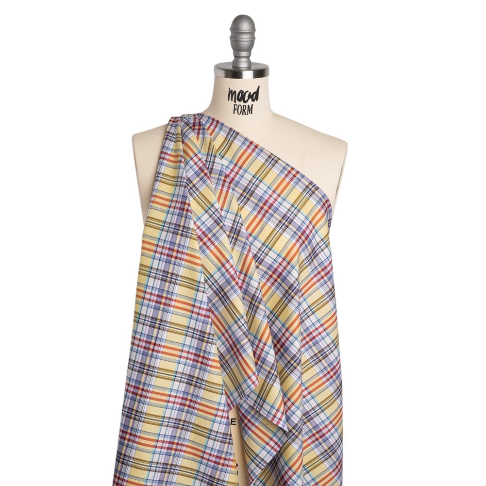 Cotton Twill Shirting - Butter Yellow, Brown and Blue Plaid - Deadstock - Joann Fabrics