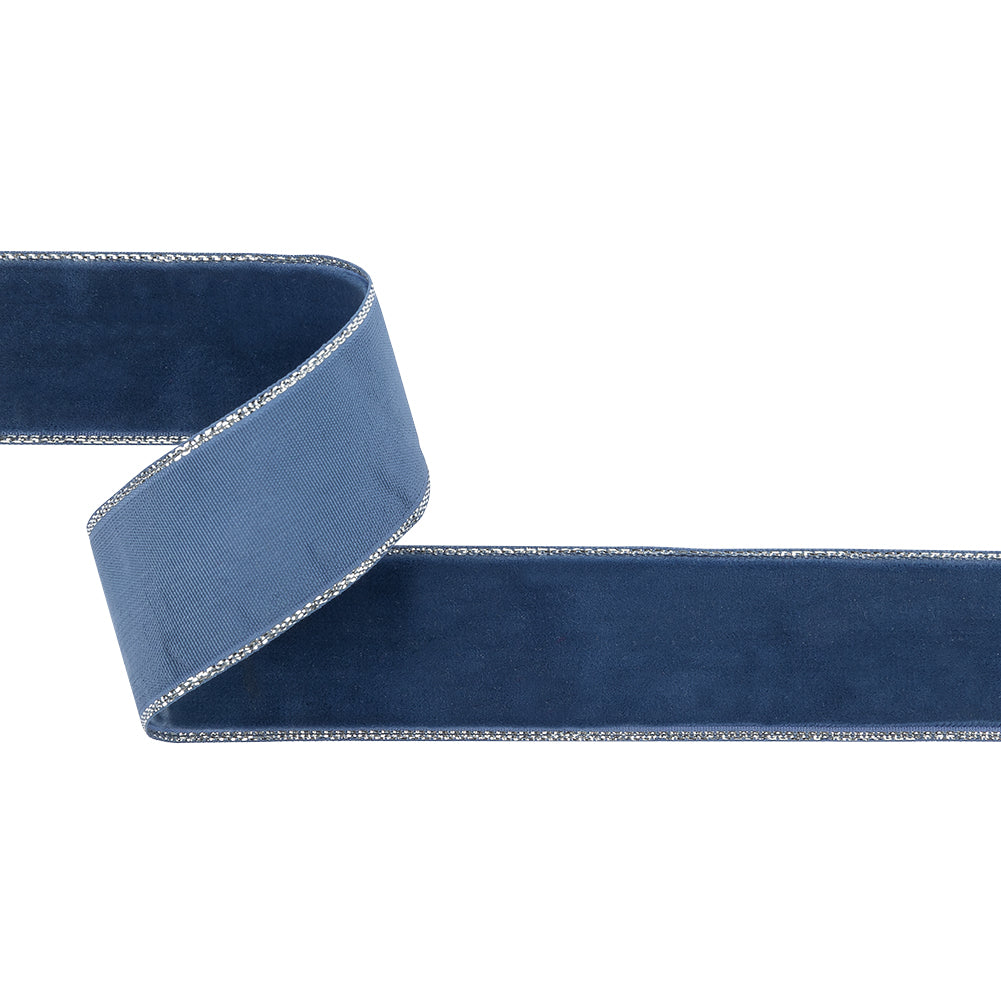 Navy Peony and Silver Metallic Lined Velvet Ribbon - 1