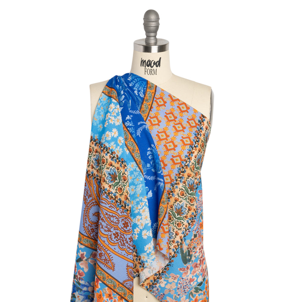 Viscose Crepe Print - Blue and Orange Floral and Paisley Stripes - Mood Exclusive April in Patterns - Joann Fabrics