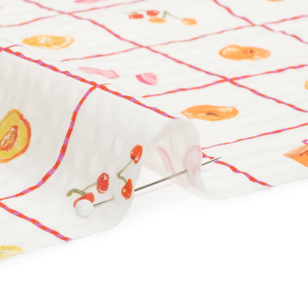 Cotton and Viscose Striped Seersucker Print - White Windowpane Checks and Fruit - Mood Exclusive Fruit Juice Jackpot - Joann Fabrics