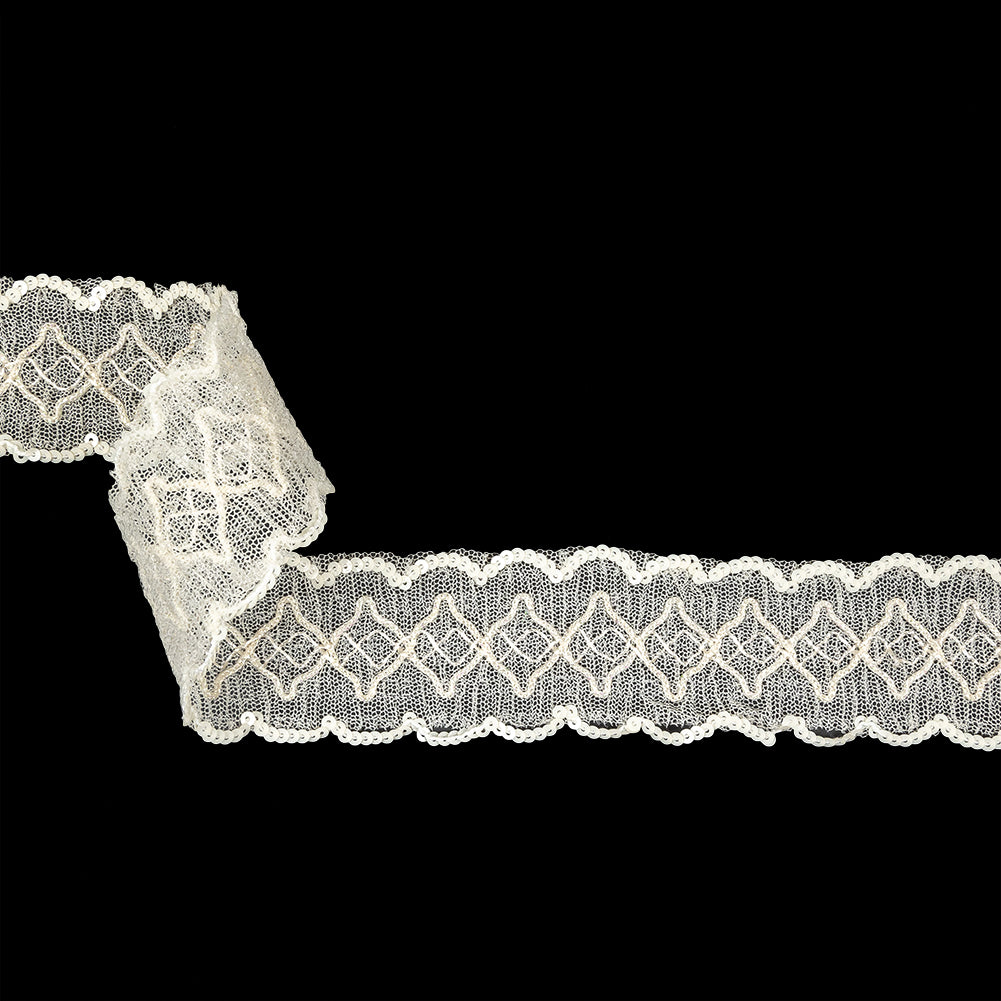 Iridescent Ivory Diamonds Embroidered and Sequined Lace Trim - 1.625