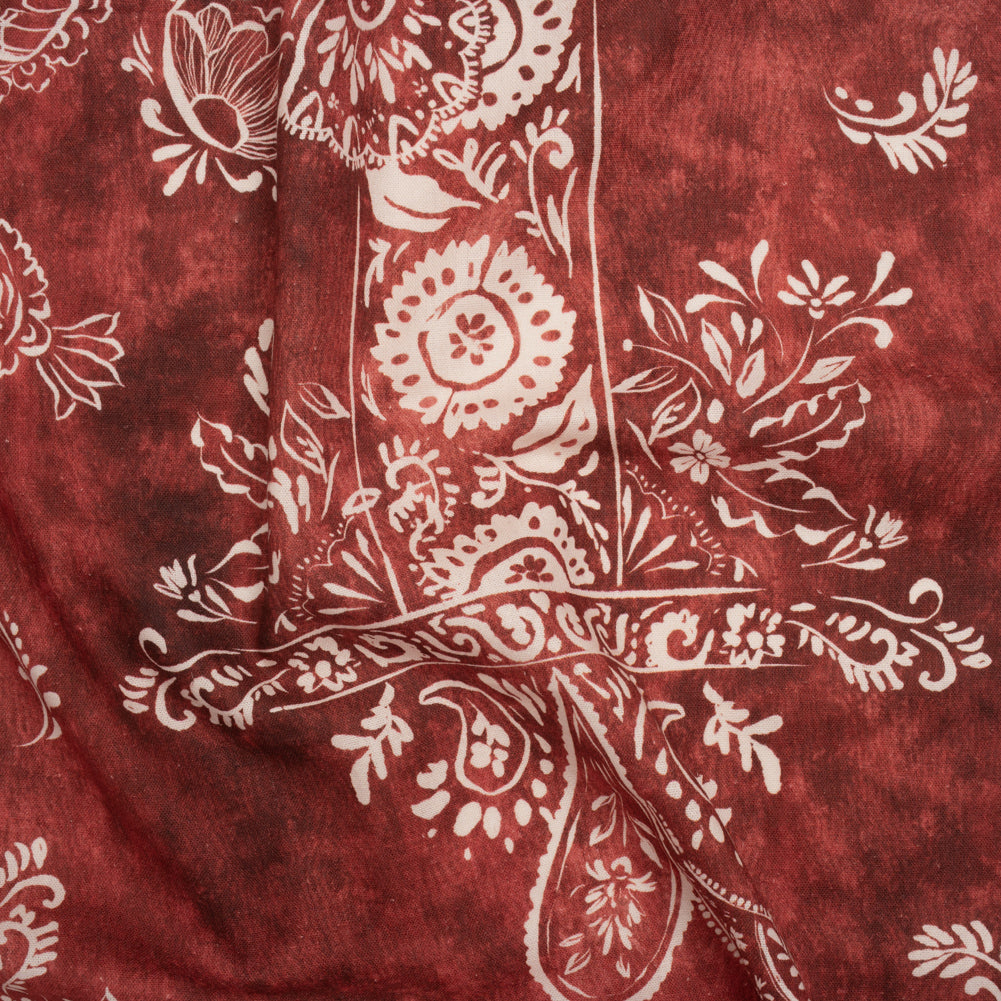 Linen and Rayon Woven - Dark Red and White Paisley and Frames - Mood Exclusive Arabesque Allure Print - Joann Fabrics