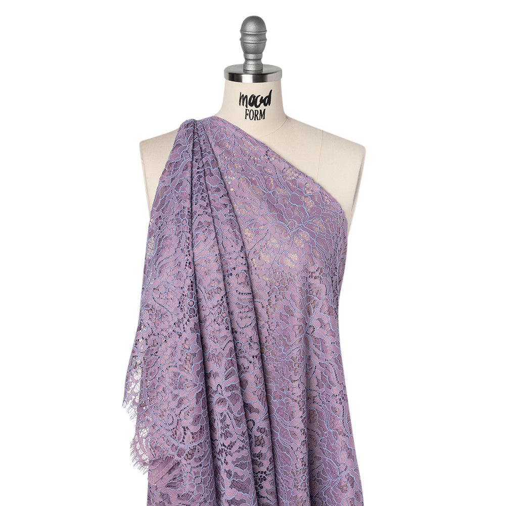 Corded Raschel Lace Panel with Finished Edges - Lavender and Sky Blue All-Over Flowers and Leaves - Joann Fabrics
