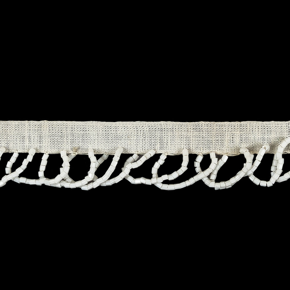 Vintage White Seed Beaded Looped Fringe on Cotton Tape - 0.875