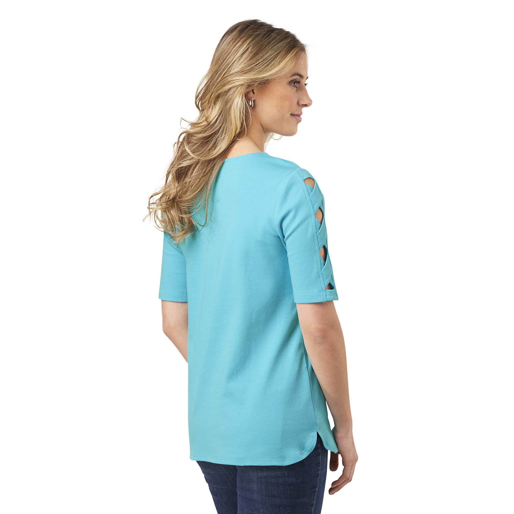 Criss Cross Ladder Sleeve Top, Elbow-Length Sleeve, Curved Hem, Cotton - Northstyle Catalog