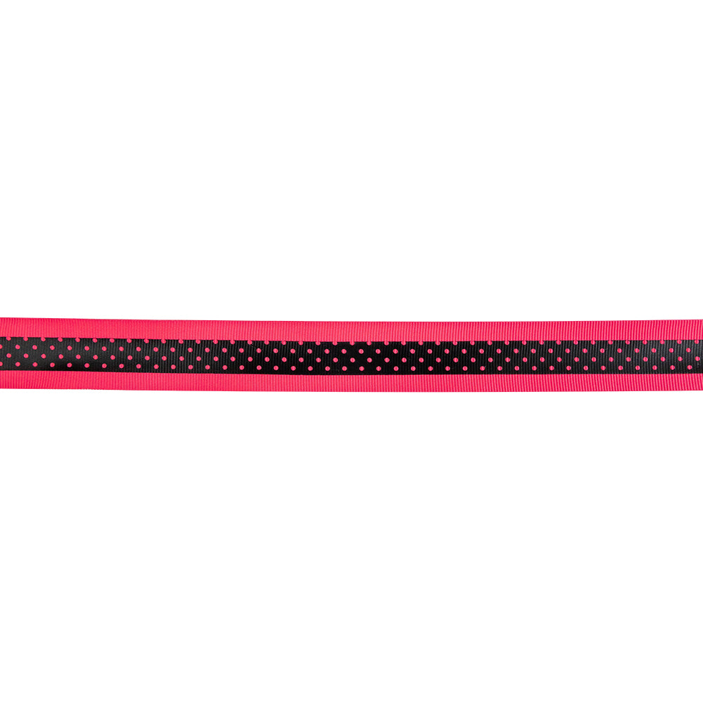 Italian Neon Pink and Black Polka Dot Striped Petersham Grosgrain Ribbon - 1