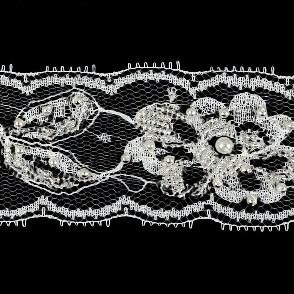 Vintage White Pearl and Iridescent Floral Beaded Lace Trim - 1.875