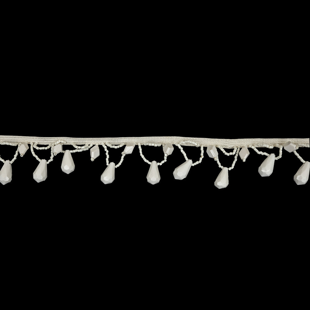 Vintage Chalk White Teardrops and Seed Beaded Fringe - 1.375