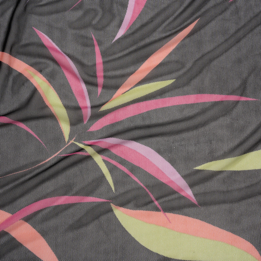 Polyester Stretch Mesh - Black, Hot Pink and Lime Green Leaf Party - Designer Deadstock - Joann Fabrics