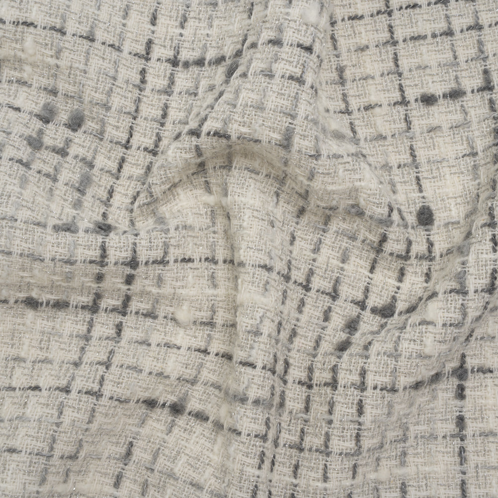 Metallic Wool Blend Boucle Tweed Made in Italy - Ivory, Gray and Silver Plaid - Deadstock - Joann Fabrics