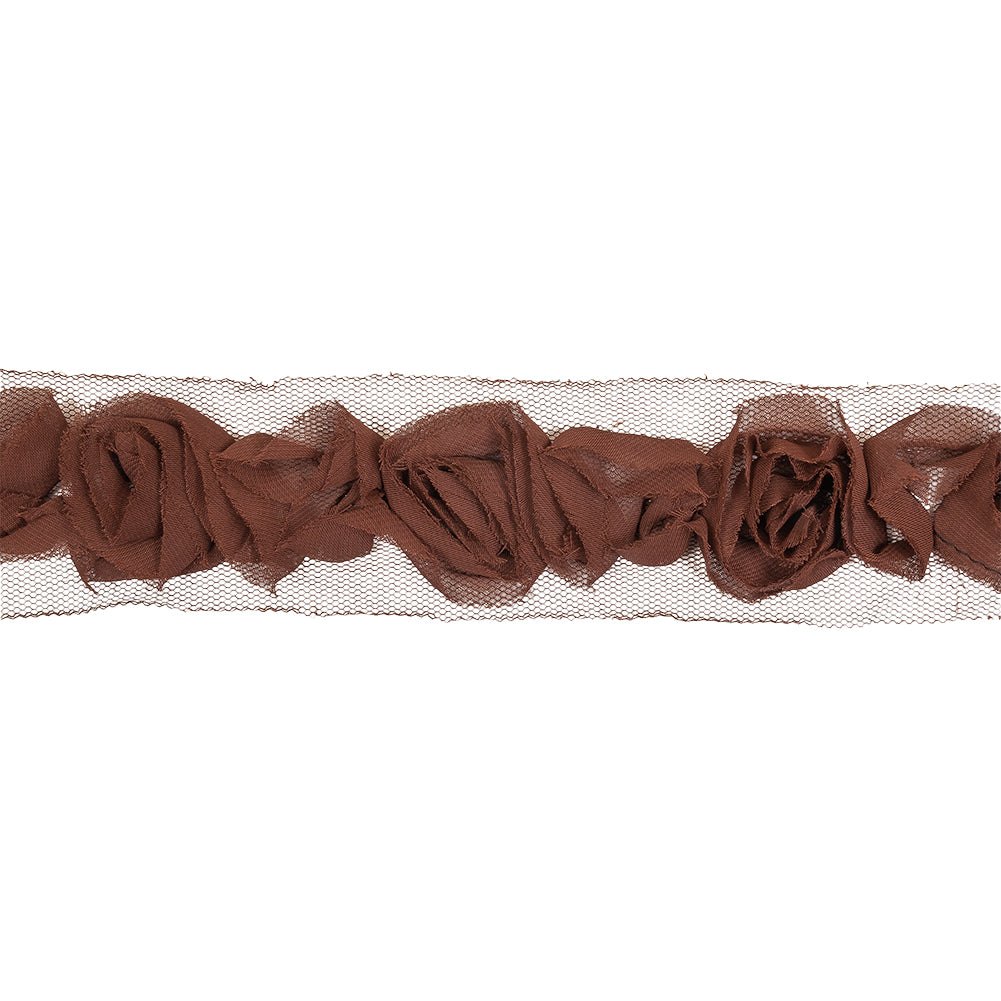 Brown 3D Chiffon Roses on Tulle Trim - 2.125