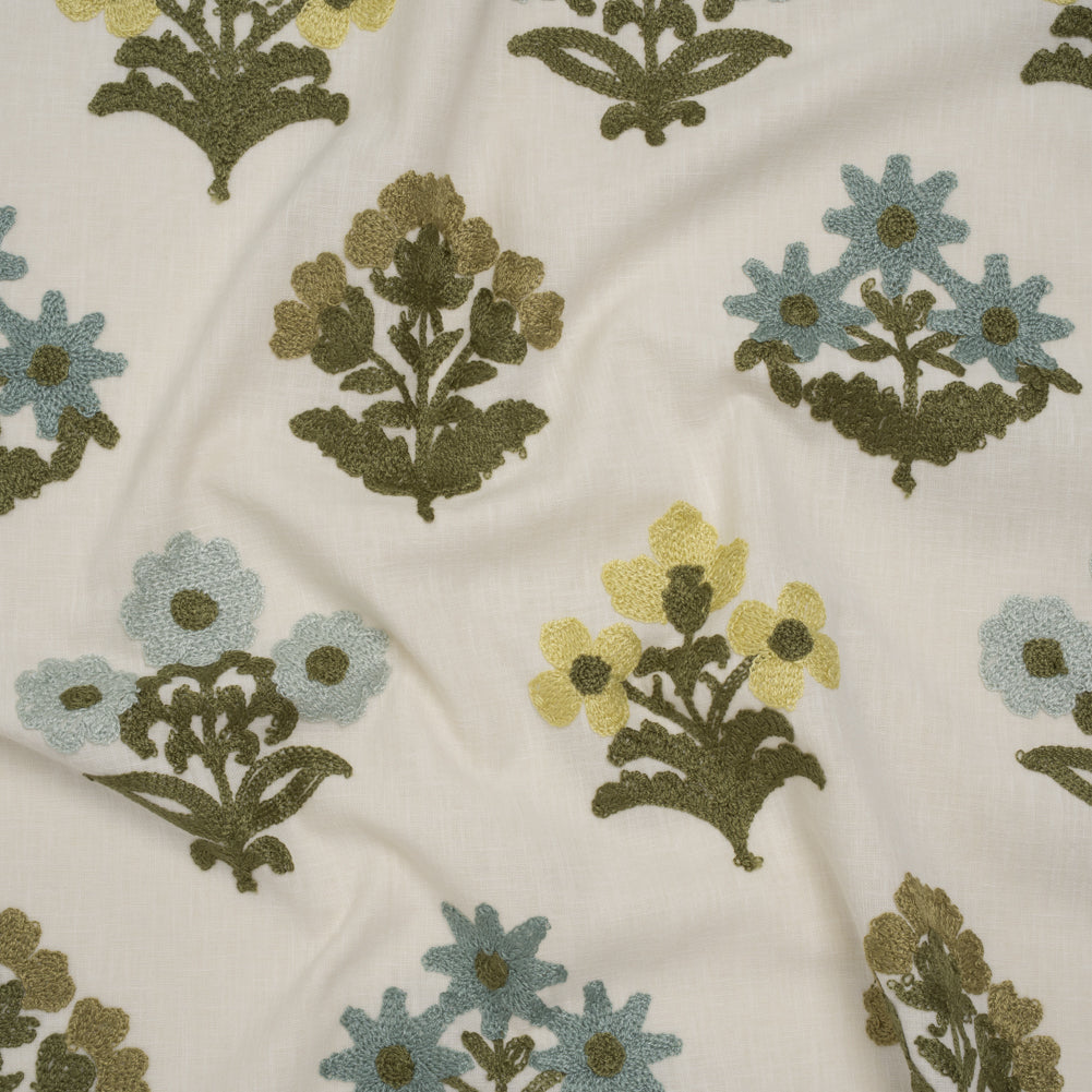 Polyester and Cotton Slubbed Drapery Woven with Viscose Embroidery - Lagoon Simple Flowers - British Imported - Joann Fabrics