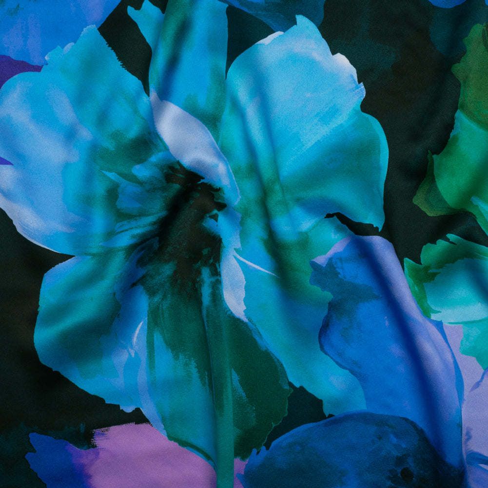 Silk Charmeuse Print 16MM, Made in Italy - Ocean Blue, Lavender, and Dark Green Painterly Flowers - Joann Fabrics