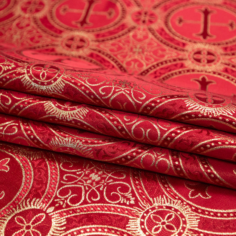 Red and Metallic Gold Ecclesiastical Medallion Jacquard - Joann Fabrics