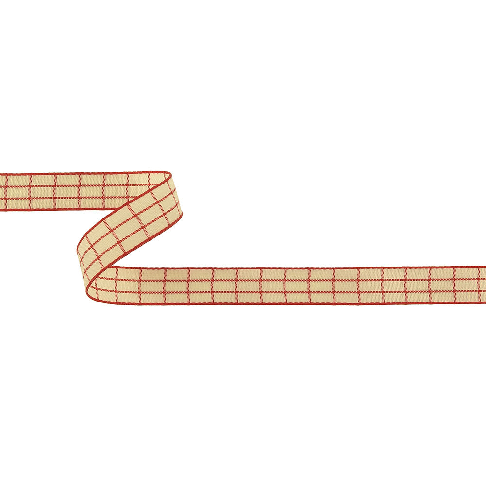 Pointsettia and Ethereal Green Windowpane Check Woven Ribbon - 0.625