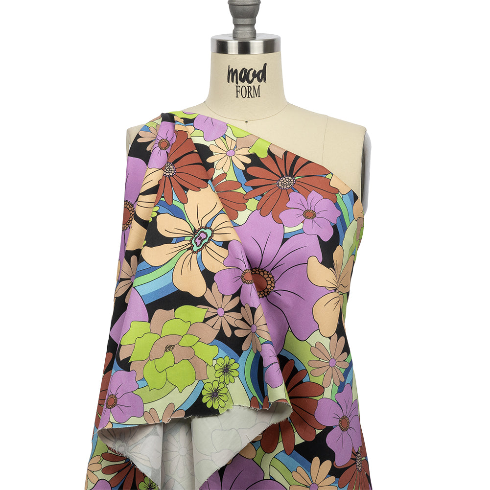 Stretch Cotton Sateen - Black, Beige and Purple Floral - Fanciful Flourish Print - Mood Exclusive Groove Collection - Joann Fabrics