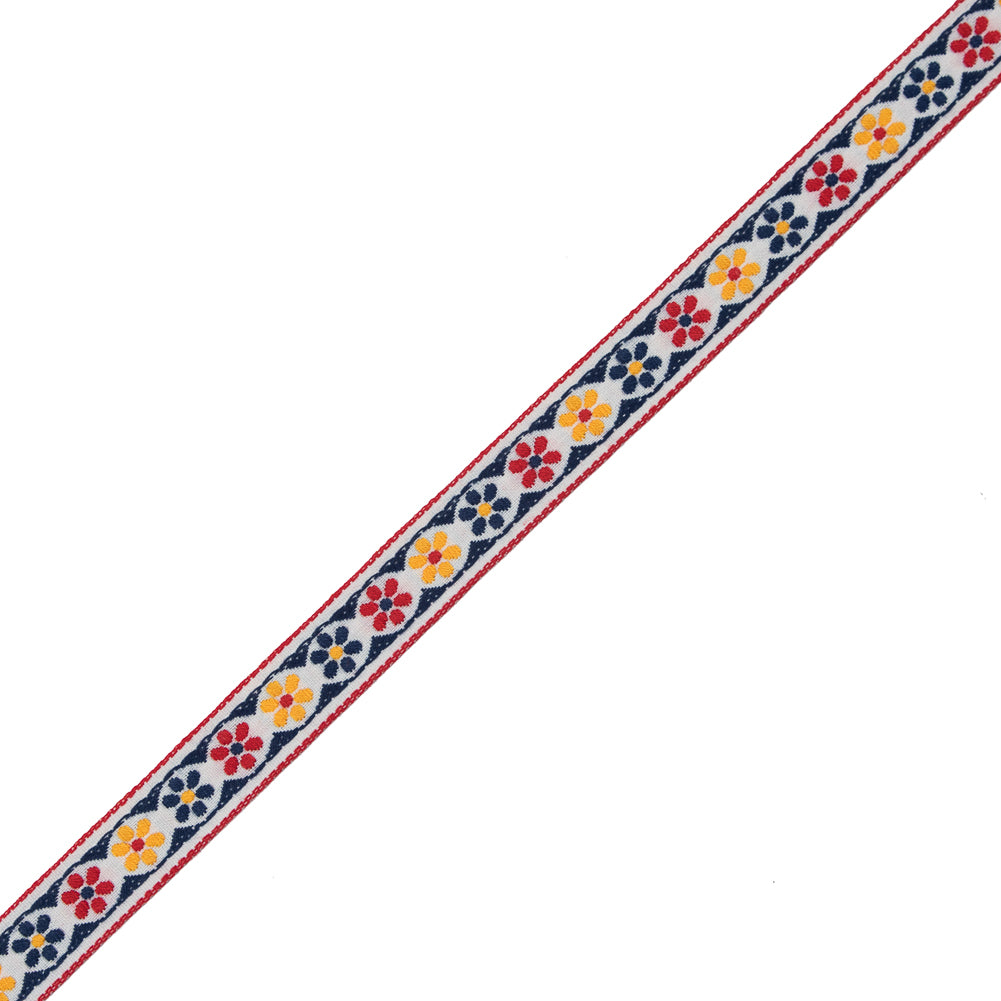 German Blue and Red Floral Jacquard Ribbon - 0.75