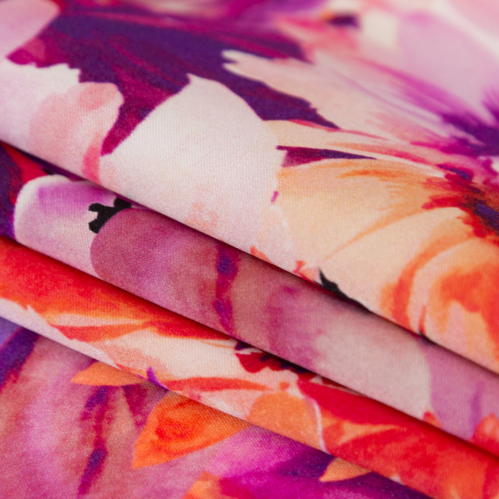 Mood Exclusive Italian Hot Coral and Purple Sunflowers Digitally Printed Silk Charmeuse - Joann Fabrics