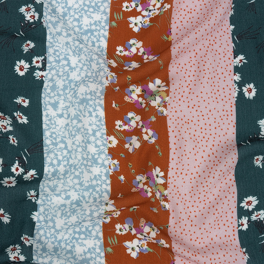 Gauzy Wrinkled Rayon Woven Print - Orange and Evergreen Floral Stripes - Mood Exclusive Perennial Paths - Joann Fabrics