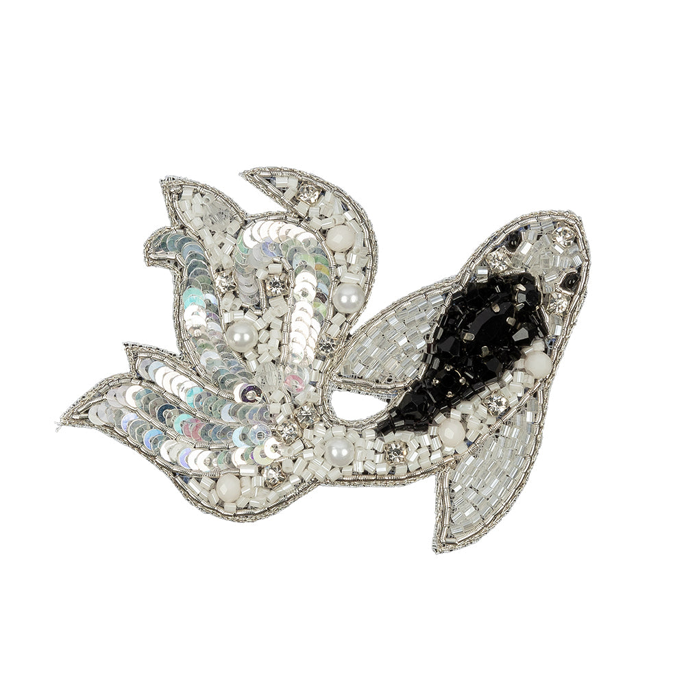Black, White and Silver Fancy Fish Rhinestones, Sequins and Glass Beaded Applique - 2.625