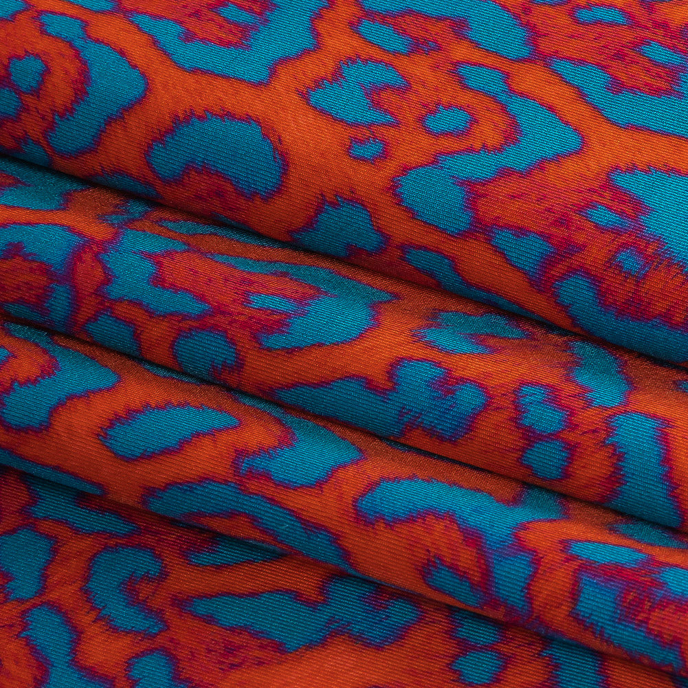 Compression Swimwear Tricot, UV Protective with Aloe Vera Microcapsules - Fjord Blue and Red Orange Leopard Spots - Caye Collection - Joann Fabrics