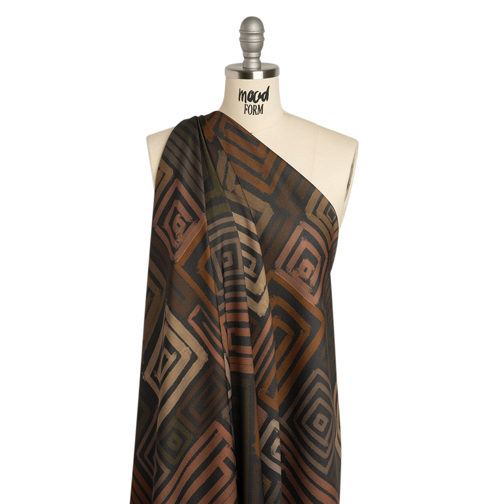 Polyester Crepe-Back Satin - Green, Brown and Black Painterly Blocks - Mood Exclusive Spiral Fusion Print - Joann Fabrics