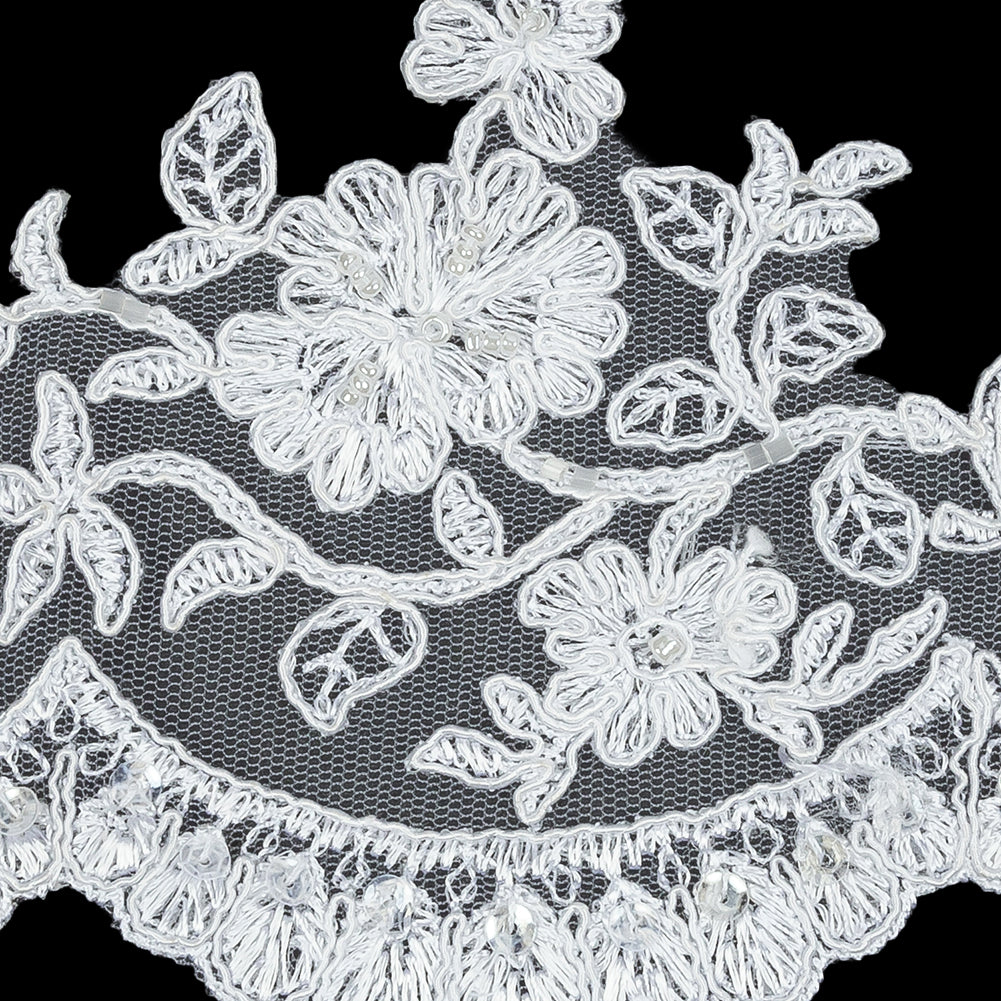 White Floral Corded, Sequins and Beaded Bridal Lace Trim with Scalloped Edge - 4.5