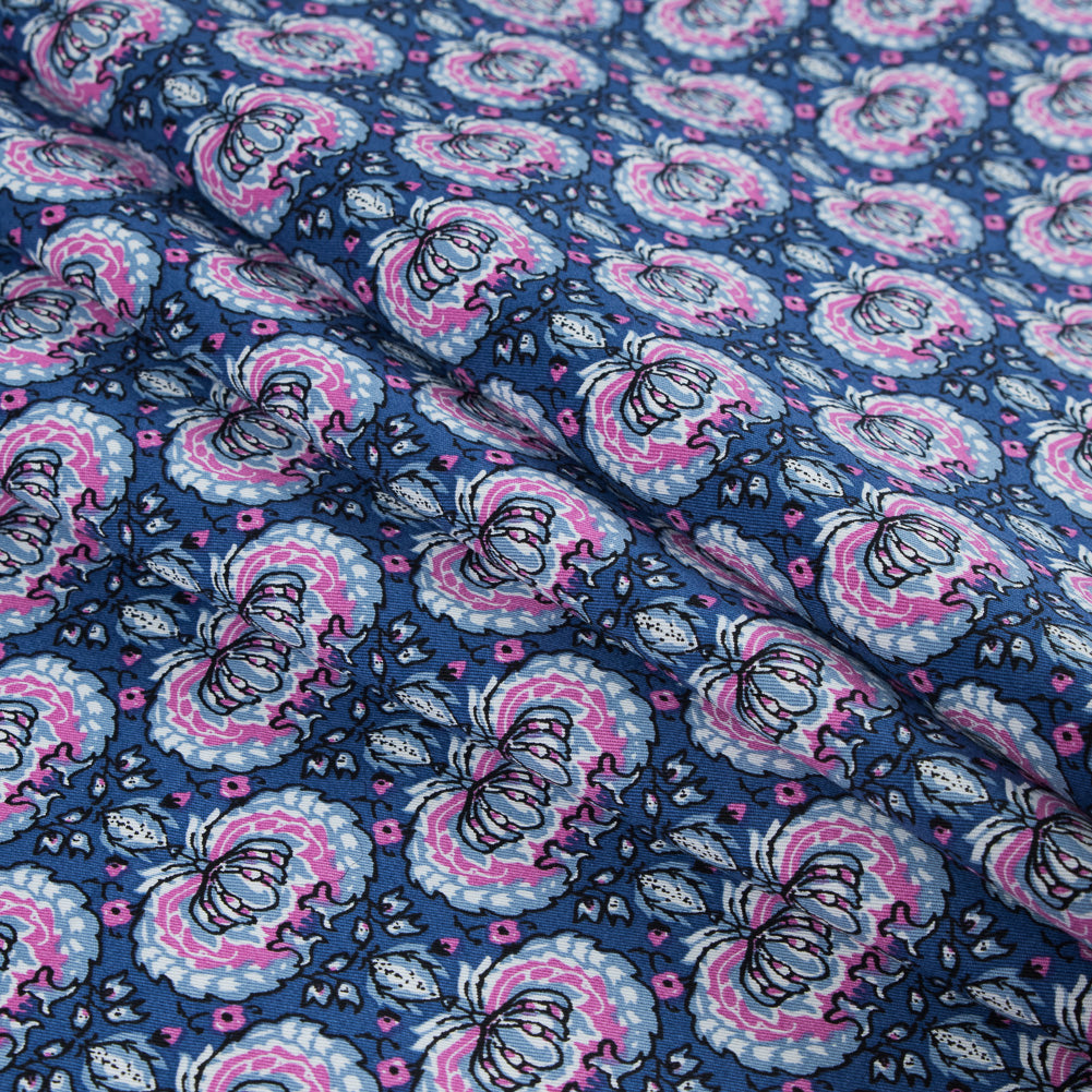 True Blue and Phlox Pink Palmette Printed Stretch Cotton Twill - Joann Fabrics