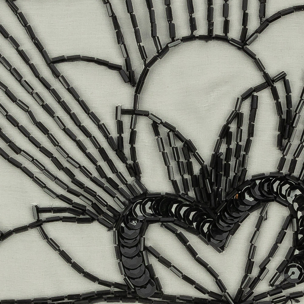 Vintage Black Floral Lines Right Glass Beaded Sheer Panel Applique - 7.5