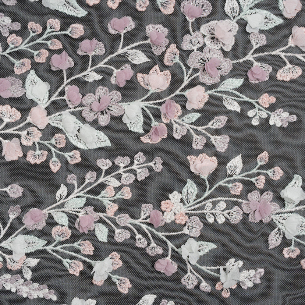 Embroidered Lace with 3D Fabric Flowers - Pastel Purple, Baby Pink and Mint Green Growing Flowers - Joann Fabrics