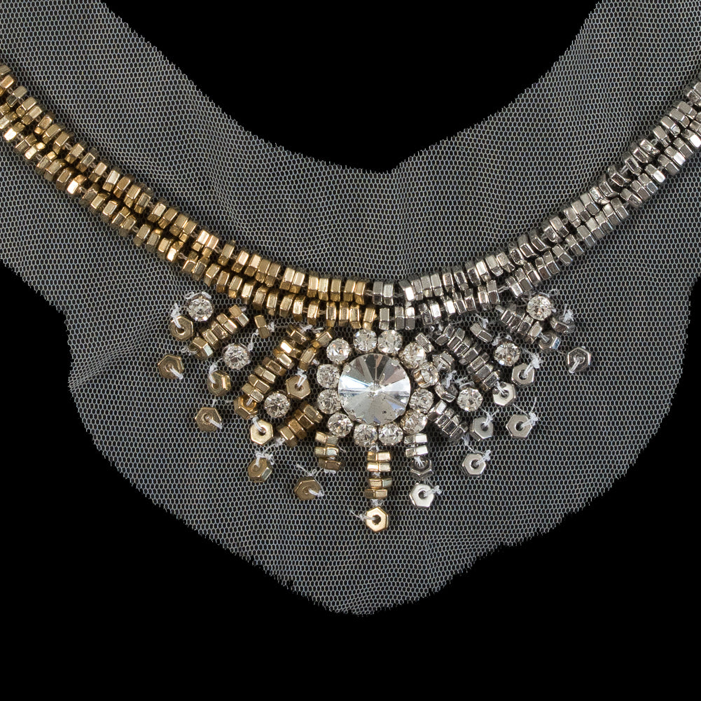 Italian Silver and Gold Beaded Rhinestone Neckline Applique on White Mesh - Joann Fabrics
