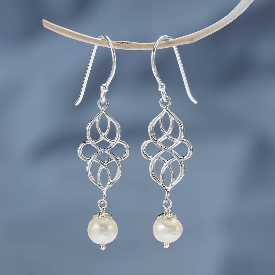 Sterling Silver Filigree Earrings, Freshwater Pearl Drop, French Hooks - Northstyle Catalog