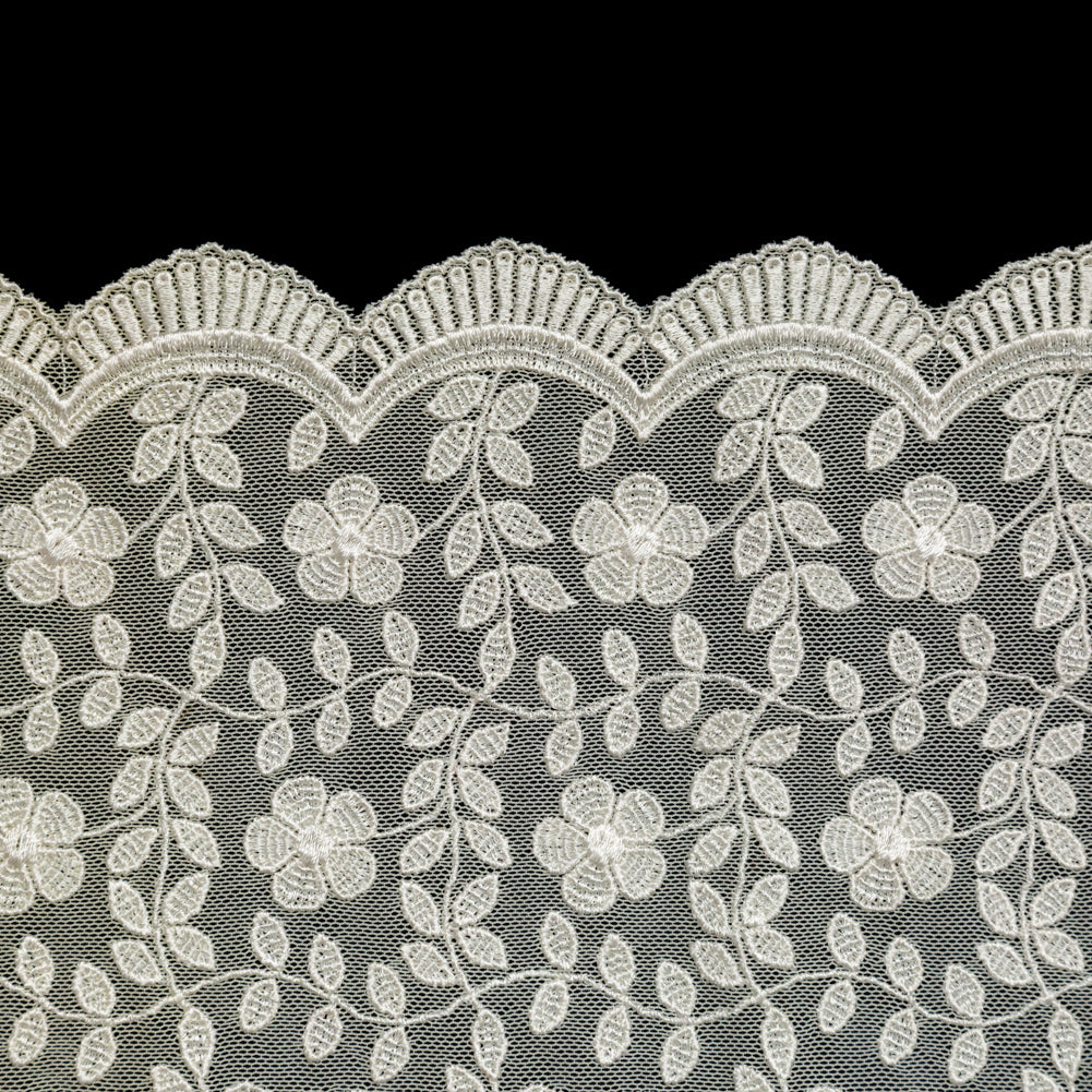 European Ivory Floral Embroidered Stretch Scalloped Lace Trim - 8