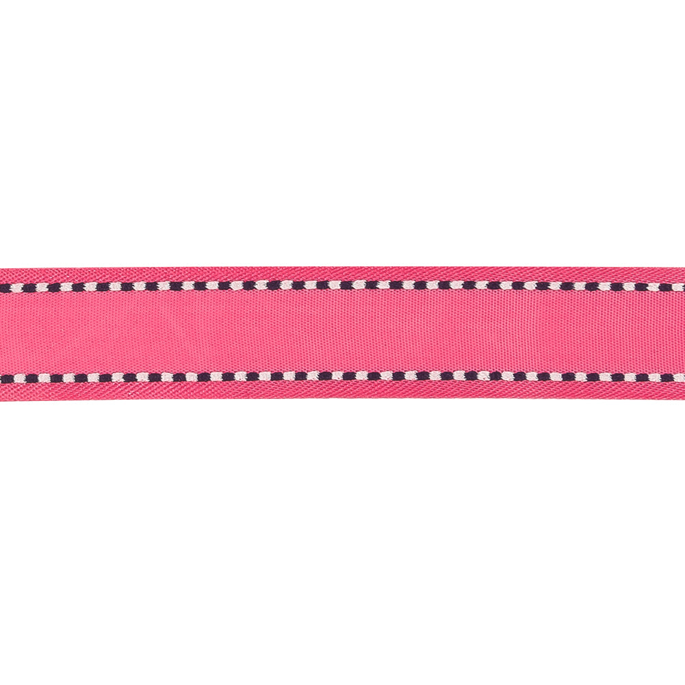 Hot Pink Woven Ribbon with Navy and White Stitched Border - 0.625