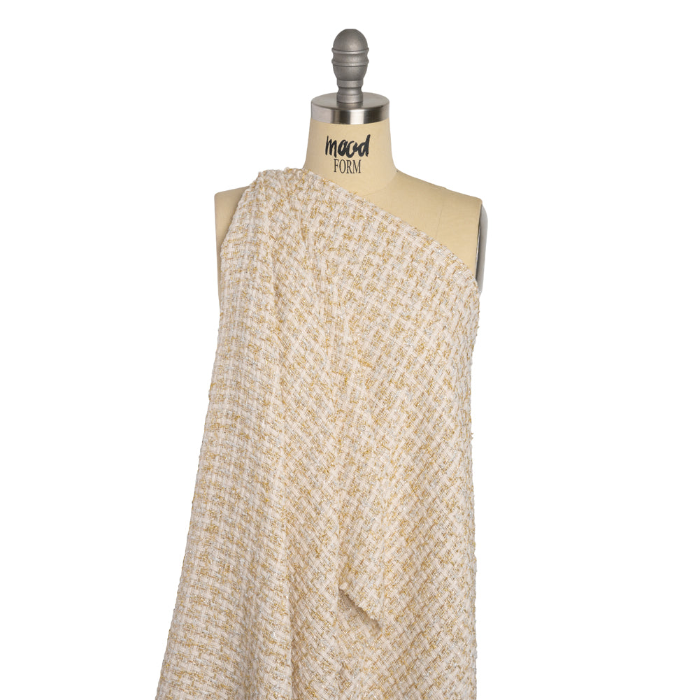Wool Blend Tweed with Silver and Gold Eyelash Fringe - Cream Checks - Deadstock - Joann Fabrics
