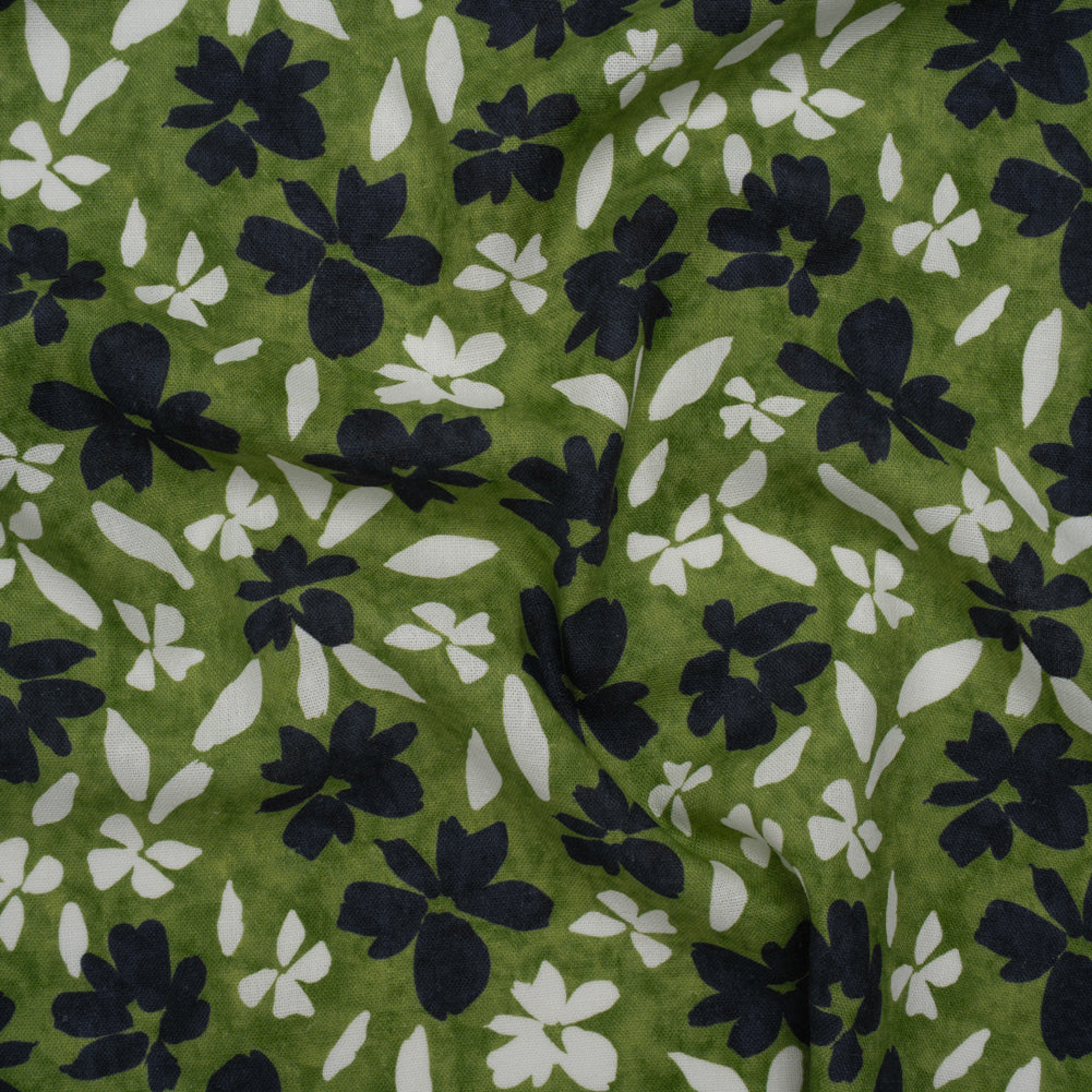 Linen and Rayon Woven - Green, Navy and White Scattered Flowers and Petals - Mood Exclusive Pick-a-Petal Print - Joann Fabrics