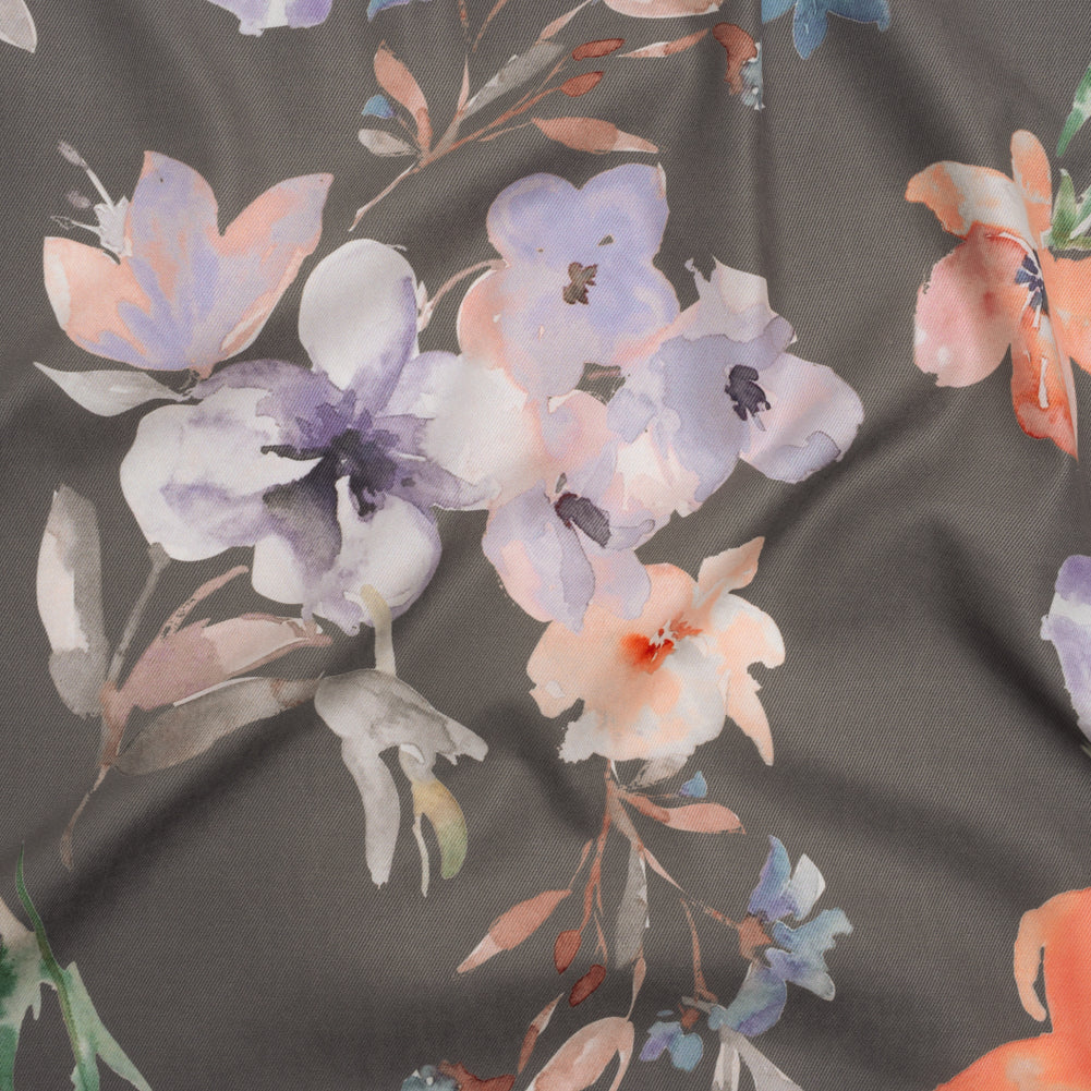 Peached Polyester Twill - Gray, Peach and Lilac Watercolor Flowers - Mood Exclusive Meadow Musings Print - Joann Fabrics