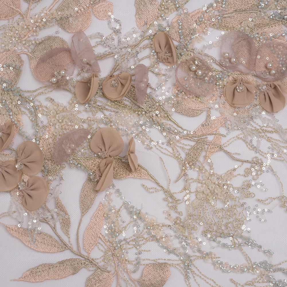 Embroidered and Beaded Tulle with 3D Fabric Flowers - Dark Beige, Pink and Pale Blue Fanciful Leaves and Florals - Joann Fabrics