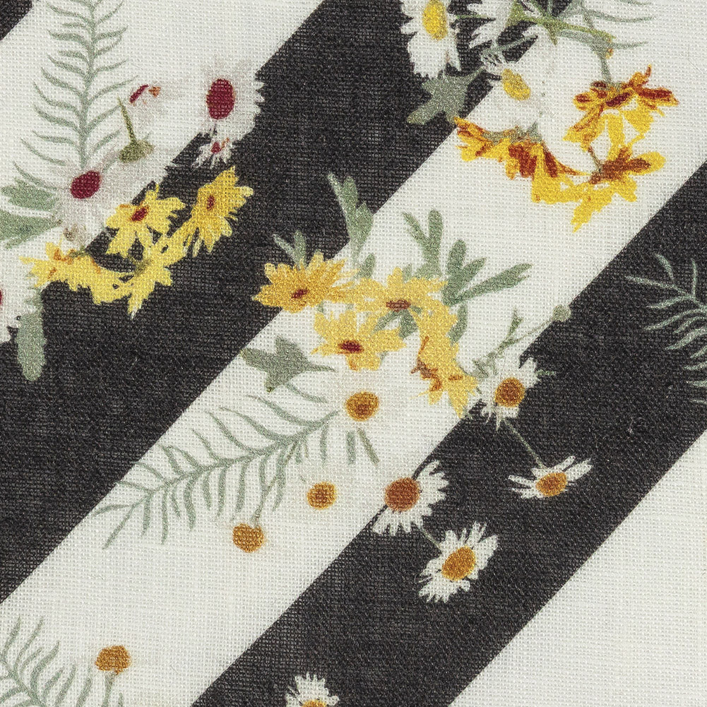 Floating Daisies over Black and White Regimental Stripes Printed Linen Woven - Joann Fabrics