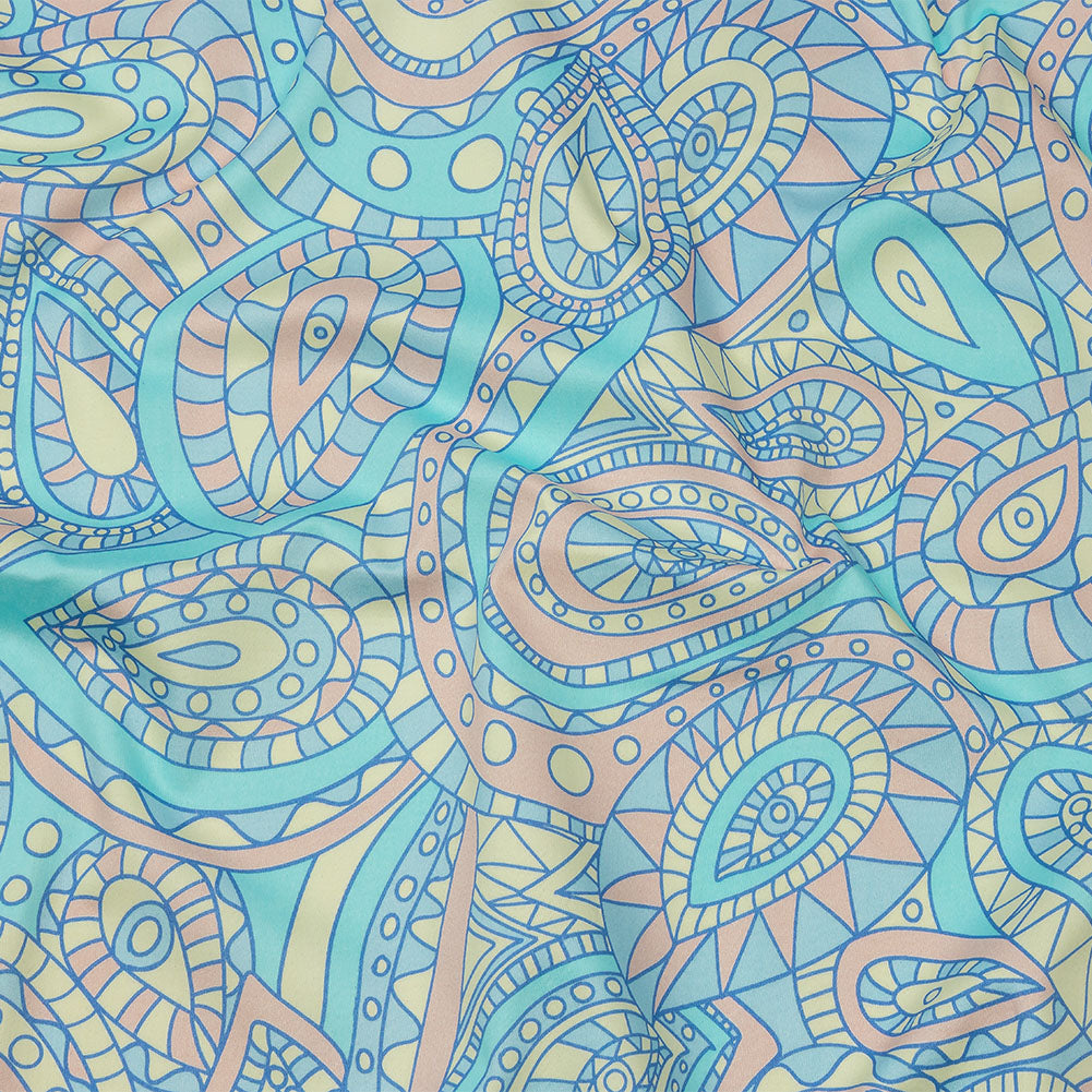Stretch Cotton Sateen - Blue and Peach Chunky Paisley - Glass Carnival Print - Mood Exclusive Groove Collection - Joann Fabrics