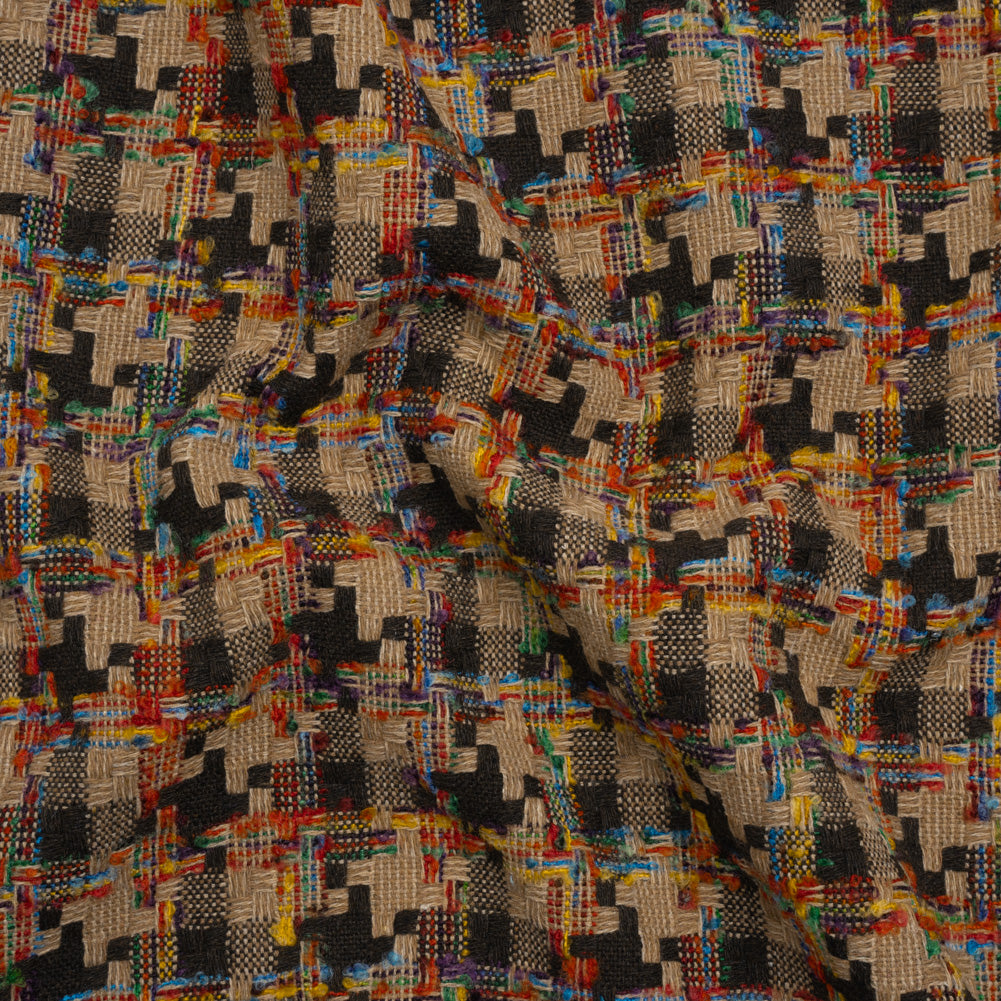 Wool Blend Tweedy Boucle Woven - Brown, Beige and Rainbow Blocky Houndstooth - Joann Fabrics