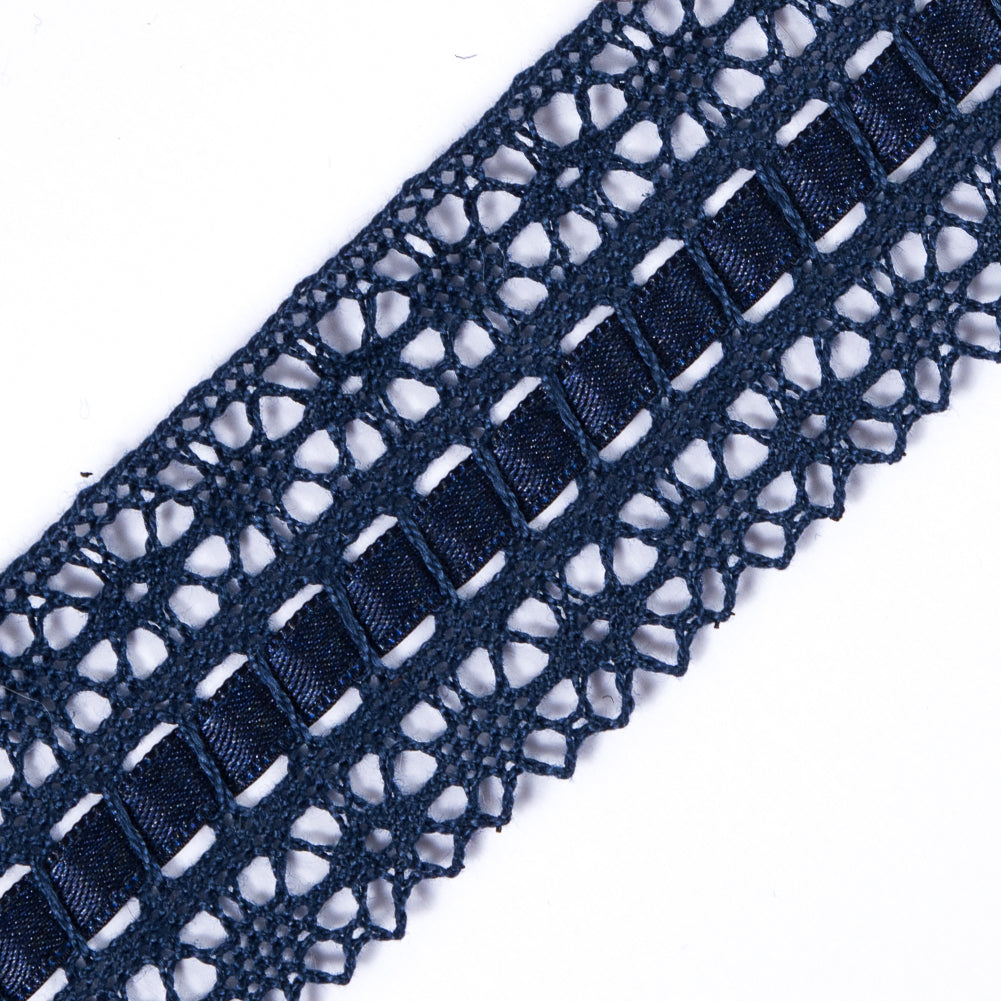 European Navy Scalloped Crochet Trim with Ribbon Detail - 1.5