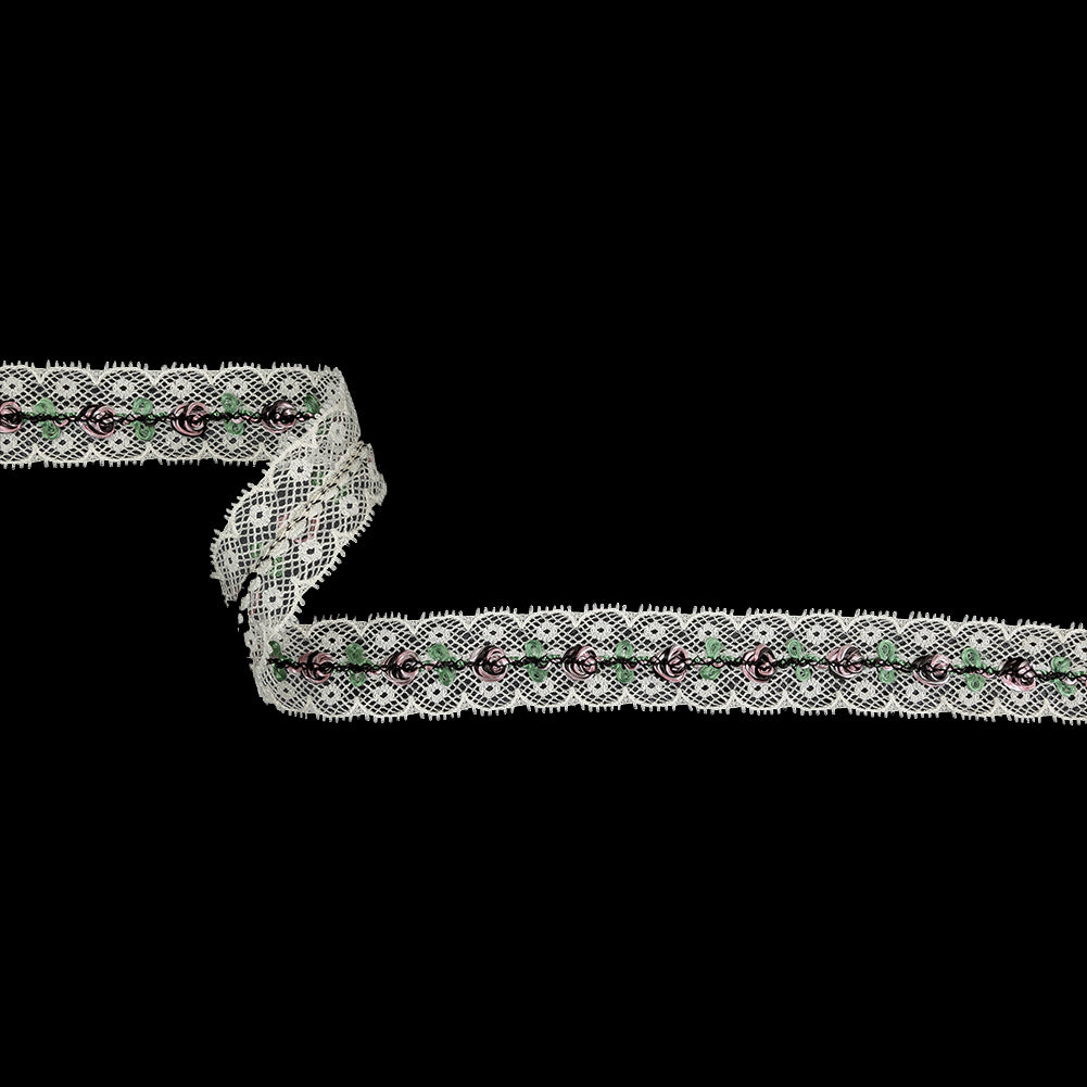 Festival Bloom, Spring Bouquet and Black Embroidered Roses on Whisper White Lace Trim - 0.875