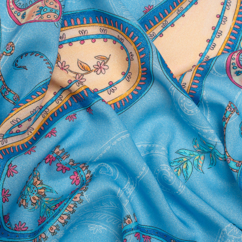 Metallic Viscose Woven Print - Blue and Peach Paisley - Mood Exclusive Bedelia Beginnings - Joann Fabrics