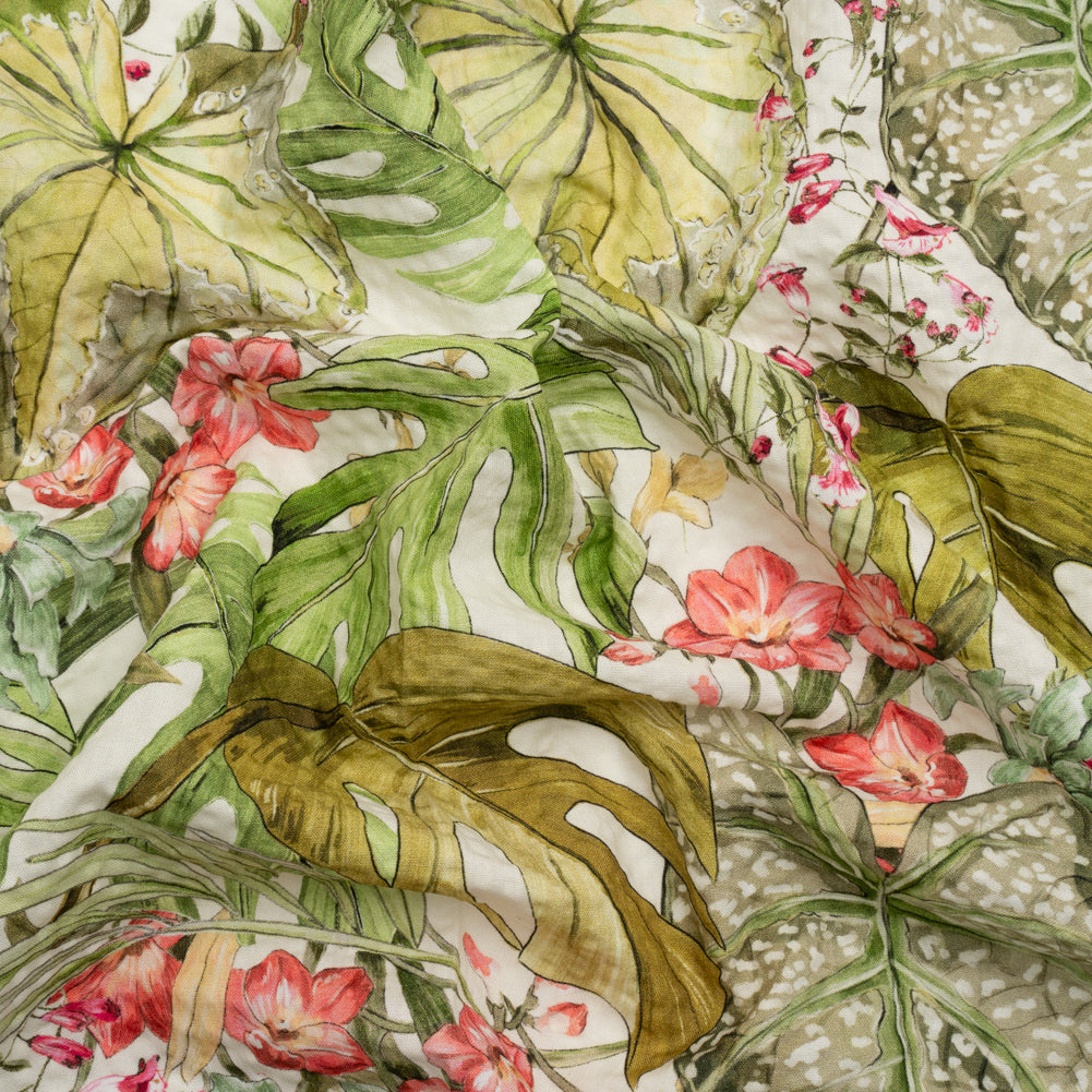 Cotton and Viscose Striped Seersucker Print - White, Green and Pink Tropical Leaves and Flowers - Mood Exclusive Monstera Mambo - Joann Fabrics