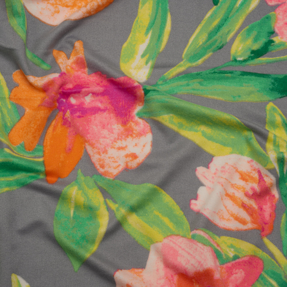 Super Soft Stretch Polyester Jersey - Neon Pink, Orange and Green Florals on Gray - Deadstock - Joann Fabrics