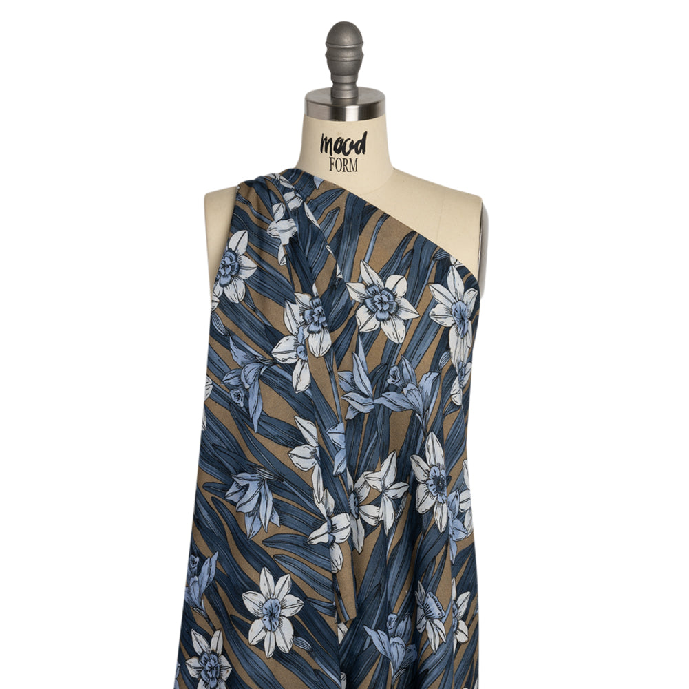 Viscose Crepe Print - Blue and Tan Floral - Mood Exclusive Drenched Daffodils - Joann Fabrics