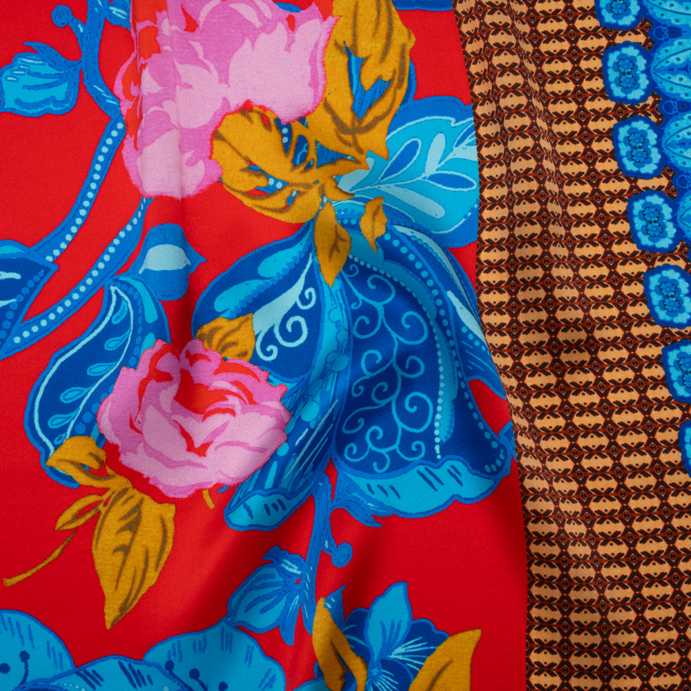 Silk Charmeuse Print 16MM, Made in Italy - Red, Blue and Gold Floral and Abstract Stripes - Joann Fabrics