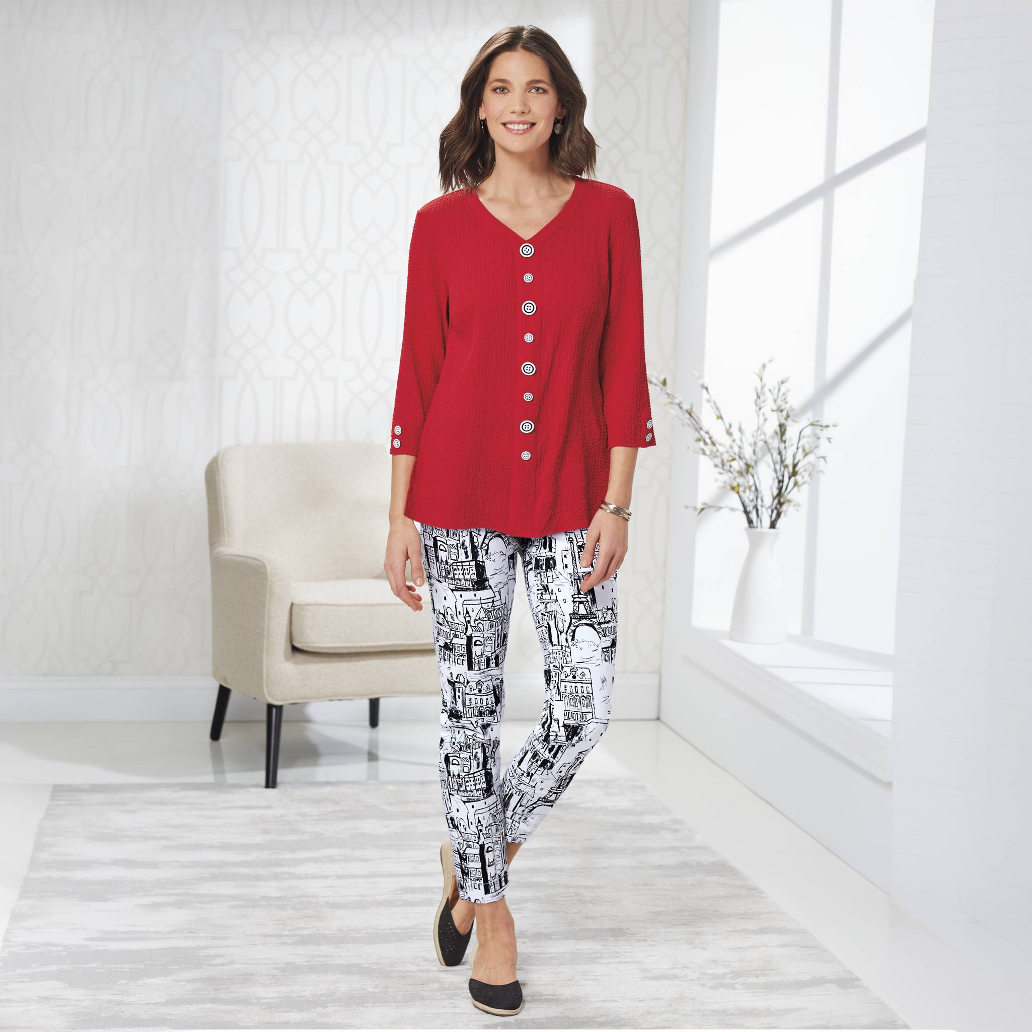 Crinkle Button Accent Top, V-Neck, 3/4 Sleeves, Side Slits - Northstyle Catalog